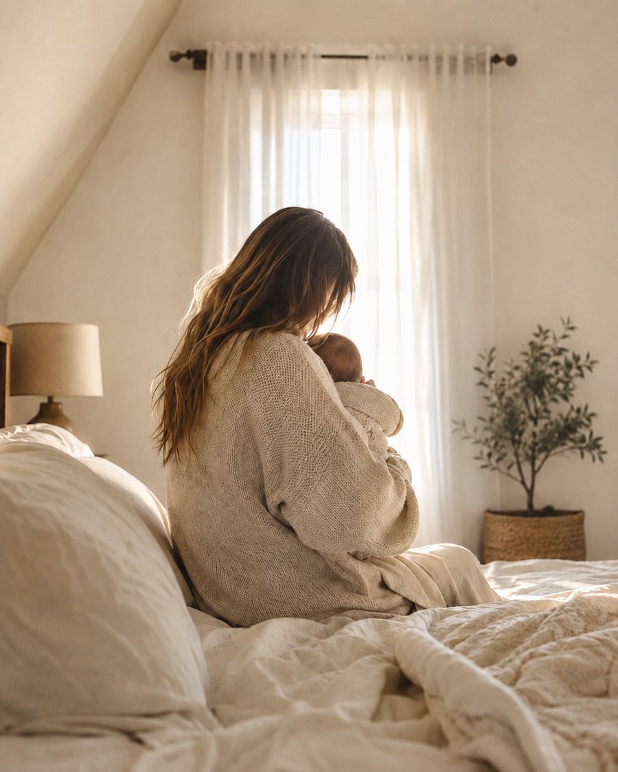 A mother sits on the edge of a bed in soft morning light, holding her newborn close, turned toward a sunlit window.
